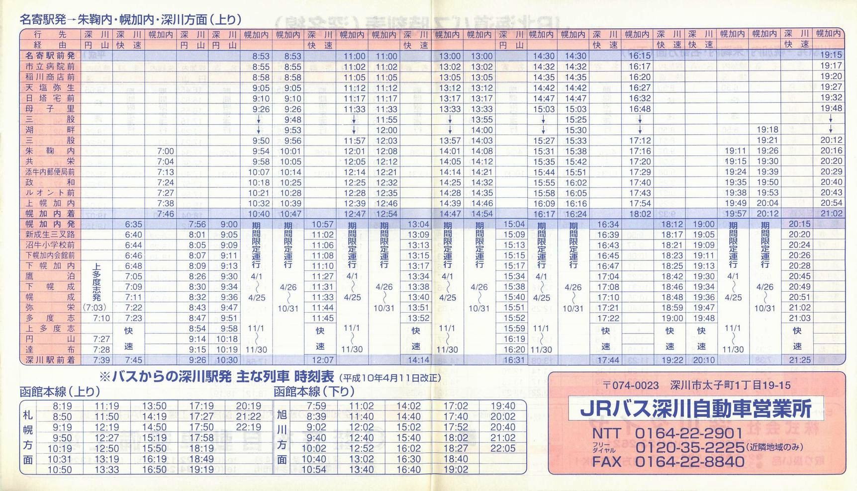 1998-04-01改正_ＪＲ北海道バス_深名線時刻表裏面