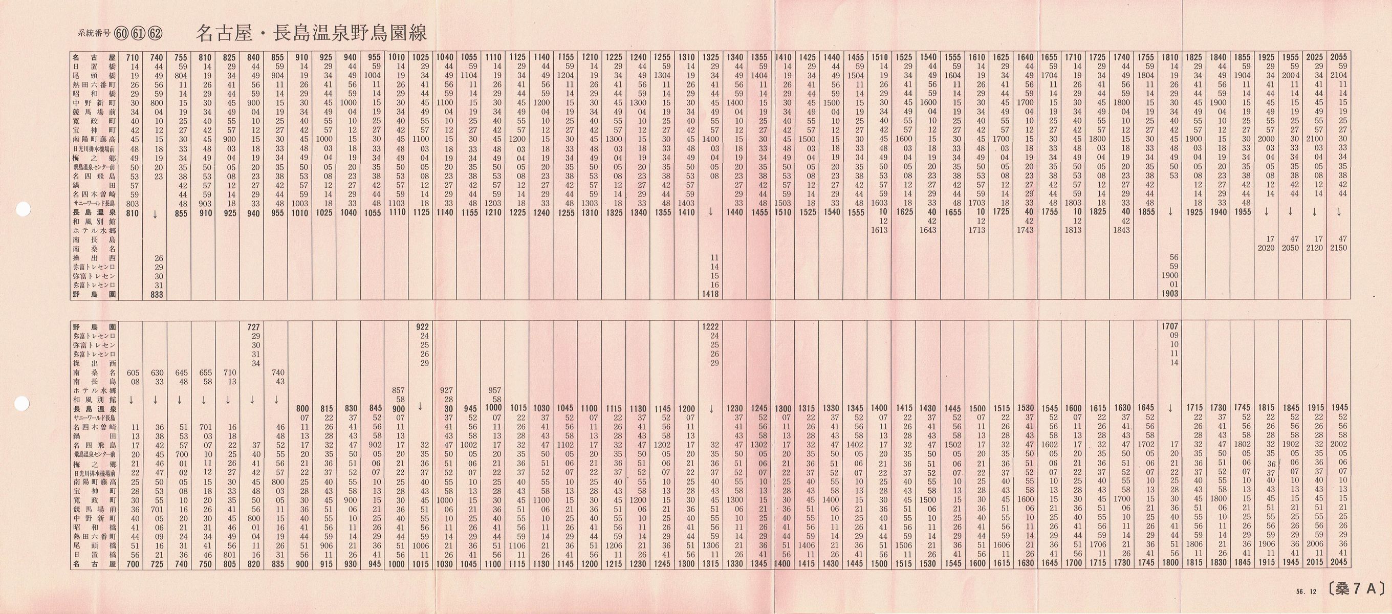 1981-12現在_三重交通_[60][61][62]名古屋・長島温泉野鳥園線時刻表